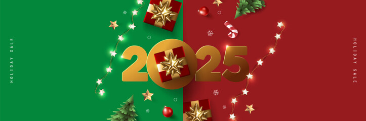 Merry Christmas and happy new year 2025 greetring card banner with festive decoration for christmas