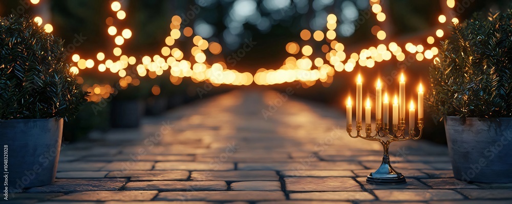 Poster a serene pathway illuminated by glowing candles and twinkling lights, creating a magical evening atm