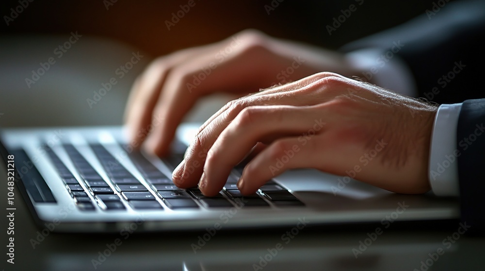 Poster hands typing on laptop keyboard in low light