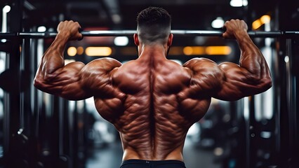 Bodybuilder doing pull-ups health sports muscle growth doing back exercises along with shoulders