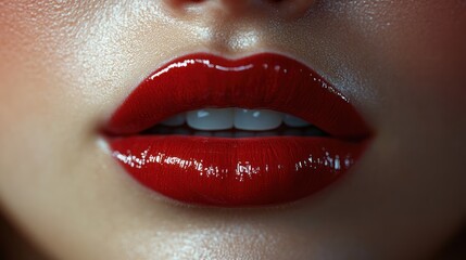Obraz premium A woman lips in a 3D close-up, with glossy red lipstick applied perfectly, showing the texture of the lips and makeup detail.