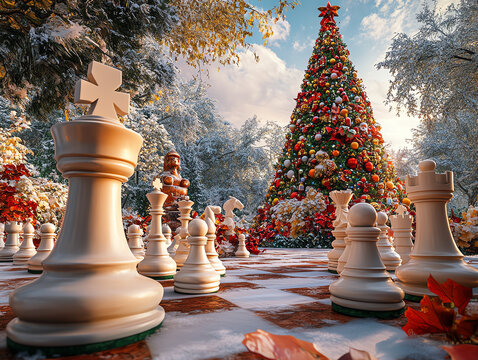 Festive Christmas scene with a grand chess set outdoors, featuring a beautifully decorated tree in a snowy park setting.