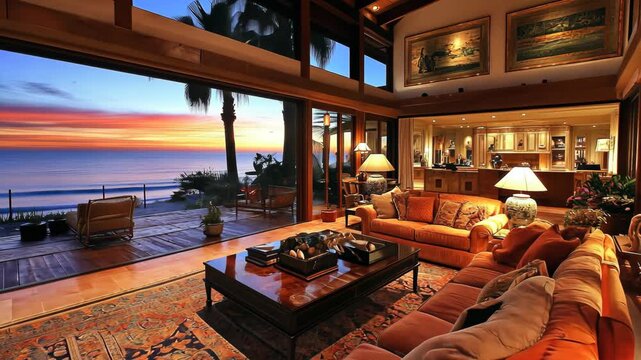 A living room with large windows overlooking the ocean at sunset