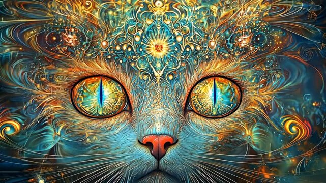 A close-up view of a cat's eyes, rendered in a psychedelic style