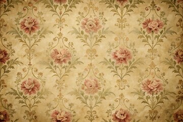 Antique floral wallpaper with a touch of pink roses on a beige background, ideal for Victorian-inspired, romantic vintage decor.