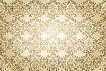 Ornate Victorian-style wallpaper in beige and gold with intricate floral motifs, perfect for luxurious, vintage-themed backgrounds.