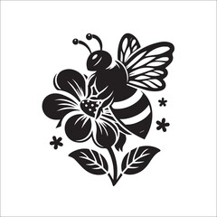 Bumble Bee Flower Clipart SVG black and white silhouette Vector Design