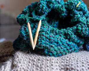 variegated knitting yarn and knitting needles, knitting fashion, wool yarn and needles, knitting...