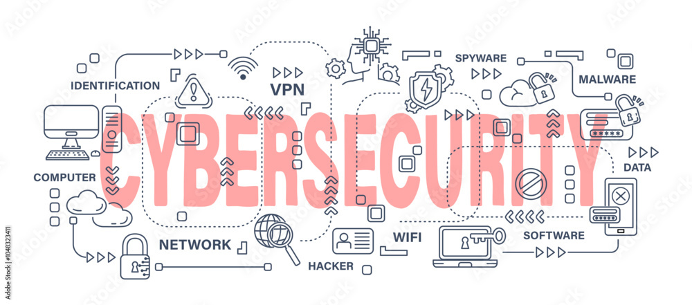 Poster cybersecurity . word with outline icon art banner style . editable stroke . vector .
