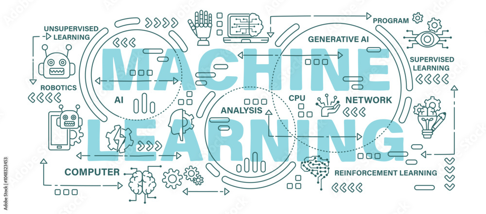 Aufkleber machine learning . technology and ai artificial intelligence concept . word with outline icon art ba