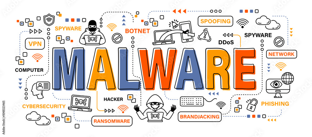 Poster malware . cybersecurity concept . word with outline icon art banner style . editable stroke . vector