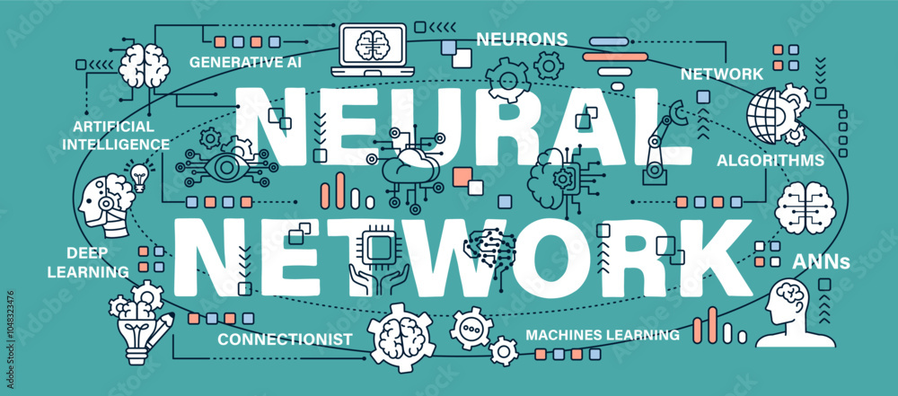 Aufkleber neural network . technology and ai artificial intelligence concept . word with outline icon art bann