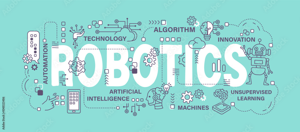 Poster robotics . artificial intelligence or ai concept . word with outline icon art banner style . editabl