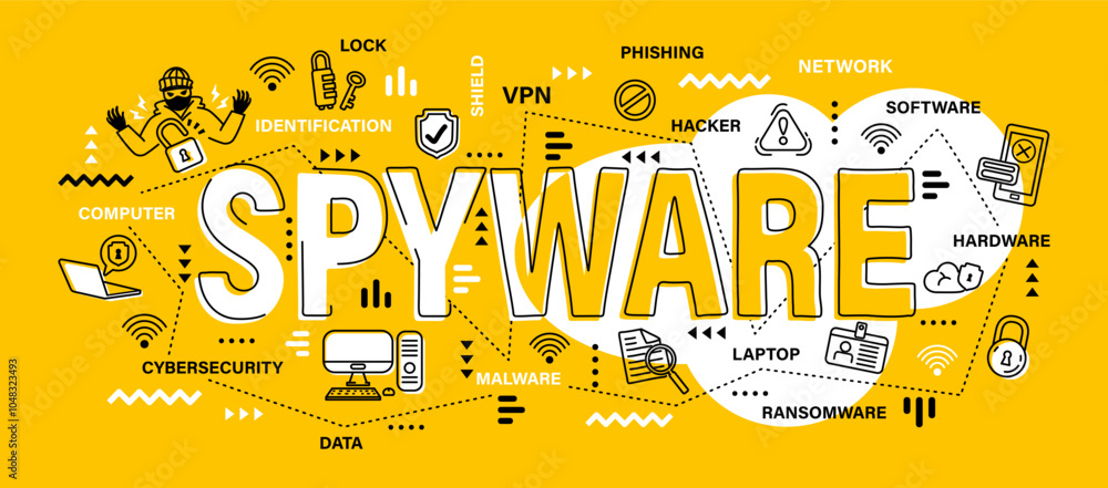 Poster spyware . cybersecurity concept . word with outline icon art banner style . editable stroke . vector