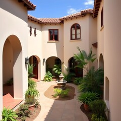 A Spanish colonial-style house with arched doorways, red tile roofs, and an inner courtyard filled with plants