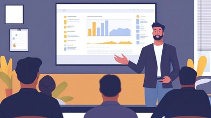A male coach conducts a staff seminar, gives a presentation, and explains sales data collected in a contemporary conference room using a monitor screen that displays infographic charts, graphs, and da