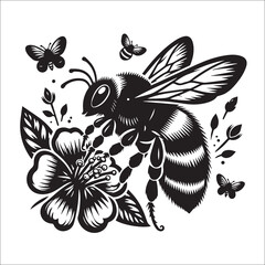 Bumble Bee Flower Clipart SVG black and white silhouette Vector Design