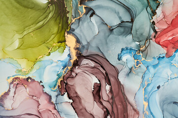 Obraz premium Currents of translucent hues, snaking metallic swirls, and foamy sprays of color shape the landscape of these free-flowing textures. Natural luxury abstract fluid art painting in liquid ink technique