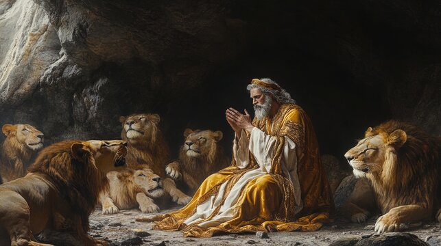 a story from the Old Testament: the prophet Daniel is in a pit with lions who cannot harm him