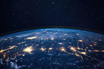 Fototapeta premium Planet spins in the cosmos, shedding light on cities with their evening radiance