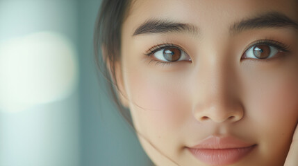 Fototapeta premium Young Asian Woman Embracing Natural Beauty and Self Care