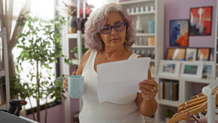Mature woman with grey hair standing indoors with a coffee cup, reading a letter in a bright living...