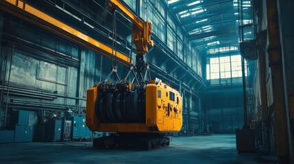 Service crane system for heavy lifting in maintenance bay technical photography in raw style  aspect ratio 169