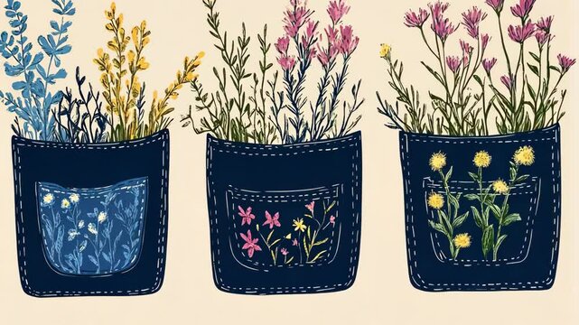 Three denim pockets with wildflowers growing out of them
