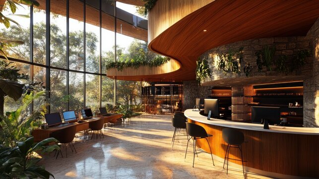 Computer workstations and indoor plants in a sleek, contemporary office vertical garden, a broad perspective of the countryside, a sustainable workplace, and 3D rendering