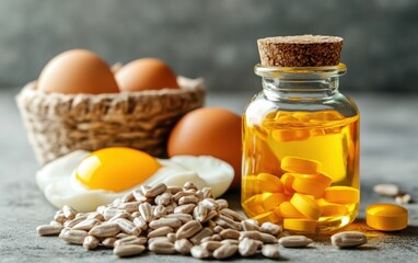 Choline with Inositol: Close-up of choline and inositol tablets in a minimalist bottle, with fresh egg yolks and sunflower seeds for brain and liver health