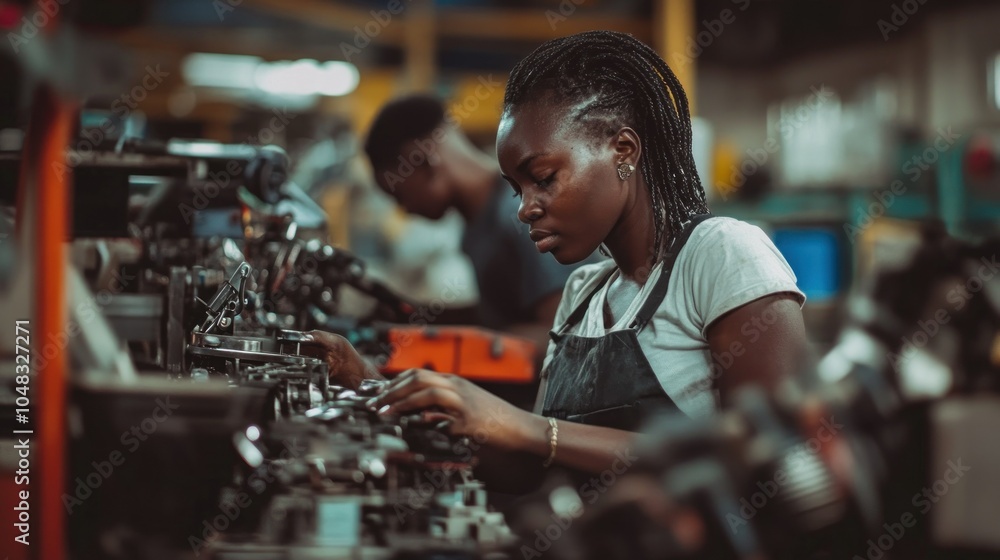 Wall mural Young woman working on complex machinery in a factory setting