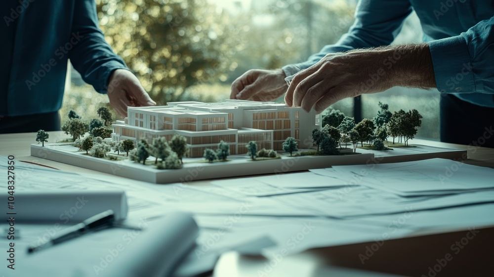 Poster Architect's Hands Adjusting a Scale Model of a Building