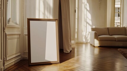 A spacious, sunlit living room featuring a large empty picture frame and a cozy sofa, highlighting elegant interior design and wooden flooring.