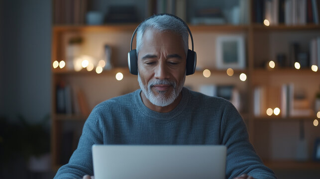 Focused Hispanic Man with Headphones in Digital Workspace