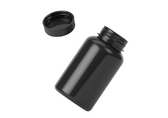 Black supplement bottle. Medicine pill container, plastic jar blank mockup. Vitamine drug capsule bottle, pharmaceutical product package, transparent background