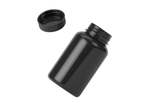 Black supplement bottle. Medicine pill container, plastic jar blank mockup. Vitamine drug capsule bottle, pharmaceutical product package, transparent background