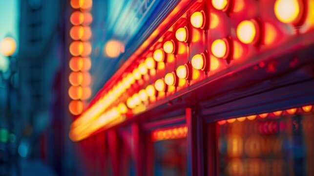 The soft glow of the marquee lights outside the theater showcasing the upcoming shows and adding to the excitement of the space.