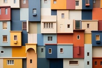 Naklejka premium The image features a close-up view of the minimalistic exterior of a dense apartment building, showcasing a colorful facade that emphasizes the modern real estate concept.