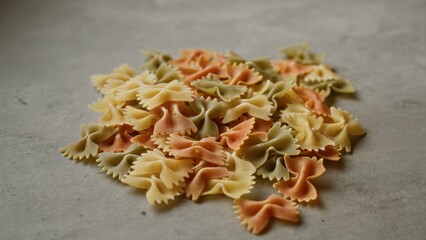 Pasta placed on a concrete surface highlighting colorful farfalle shapes in green, orange, and yellow hues