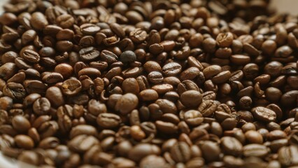 Naklejka premium Closeup of roasted coffee beans scattered in a pile highlighting rich textures and deep brown color for a warm and inviting feel