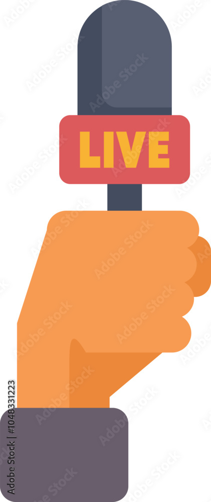 Poster hand holding a microphone with live sign, reporting directly from the scene of events