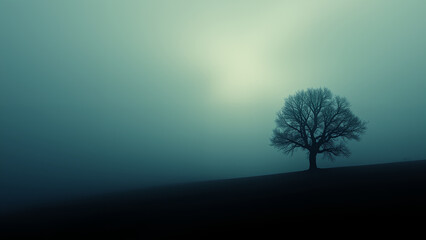 Mysterious landscape with fog and silhouette