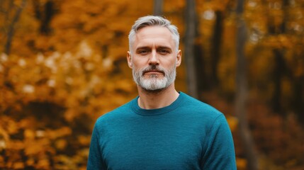Obraz premium Portrait of a mature man with a beard and gray hair is wearing a blue sweater and standing in a forest. He has a smile on his face and he is enjoying the outdoors