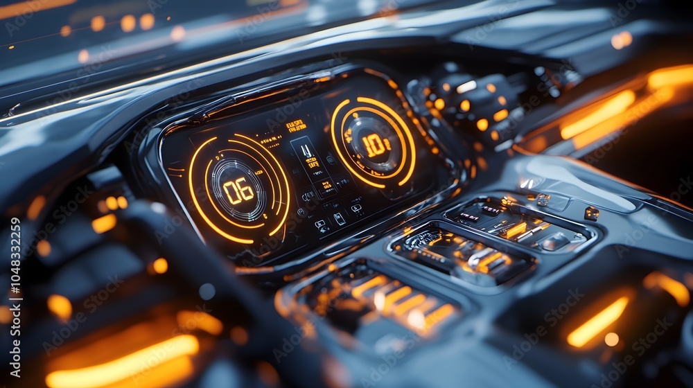 Poster futuristic 3d model of an electric car dashboard featuring glowing digital dials speed indicators an