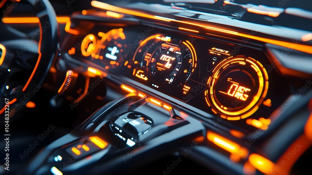 Poster cutting edge 3d model of a futuristic electric car dashboard featuring glowing digital dials speed i