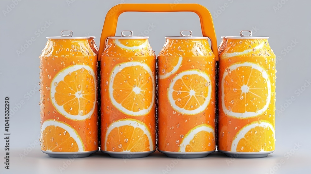Poster visually striking 3d model of a six pack of refreshing orange soda cans each can showcasing a fresh 