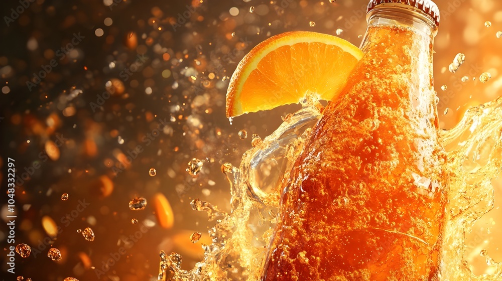 Poster captivating 3d rendering of an orange soda bottle with a dynamic swirling liquid design and an embed