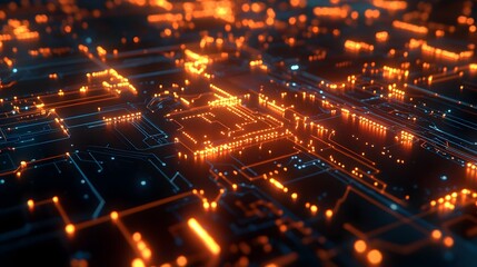 A captivating 3D rendered image depicting a futuristic microchip embedded within a dynamic circuit board pulsing with vibrant energy lines and intricate connectors