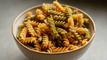 Bowl of colorful fusilli pasta on a neutral background highlighting the delicious uncooked rotini with a rustic ambiance