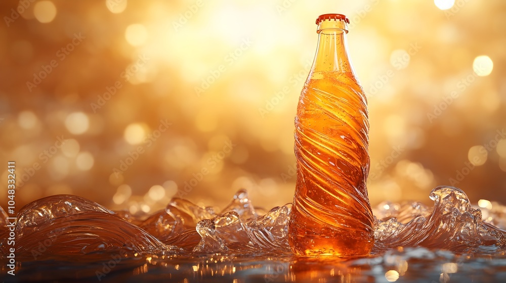 Poster vibrant 3d rendered image of an orange soda bottle with a wavy textured surface to convey freshness 